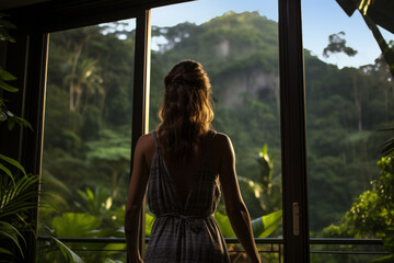 A person captures the beauty of a tropical rainforest from the balcony of their eco-friendly resort room, embracing sustainable luxury. Generative Ai.
