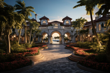 Fototapeta na wymiar A resort's grand entrance welcomes guests with opulent architecture and lush landscaping, setting the tone for an unforgettable stay. Generative Ai.