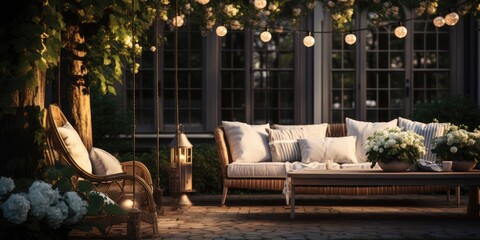 garden furniture with cushions on wooden terrace with a tray of flowers at night - obrazy, fototapety, plakaty