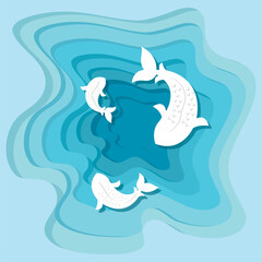 Layered view of the ocean with silhouettes of dolphins Paper art style Vector