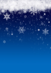 Snow background. Blue Christmas snowfall with defocused flakes. Winter concept with falling snow. Holiday texture and white snowflakes