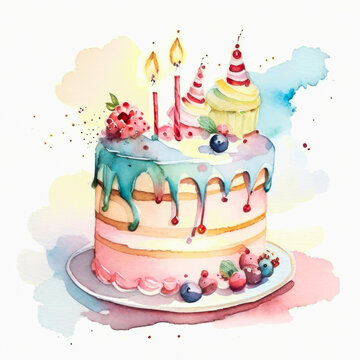 Birthday cake with candles watercolor illustration. Generative AI
