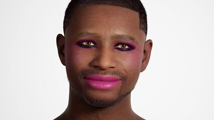 Portrait, gay man isolated on studio background. Happy, gen z aesthetic and lgbt model with beauty and creative non binary and gender neutral design. 3d animation