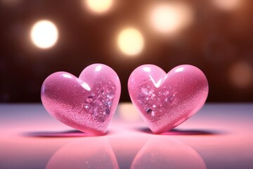 Obraz premium sparkling love: 2 pink hearts illuminated by lights, Generative AI