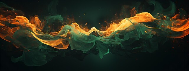 Liquid Ink Fusion: Ethereal Green and Orange Dynamics, Digital art 3D illustration, Wide Size Banner