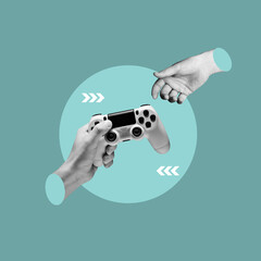 holding video game console controller, passing the video game controller, controller, control, hand...