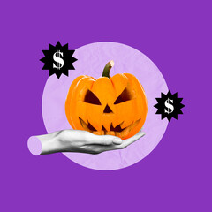 halloween business, halloween price, pumpkin, halloween icon, cost, dollars, october holiday, october 31, pumpkin sale, hand with pumpkin, concept