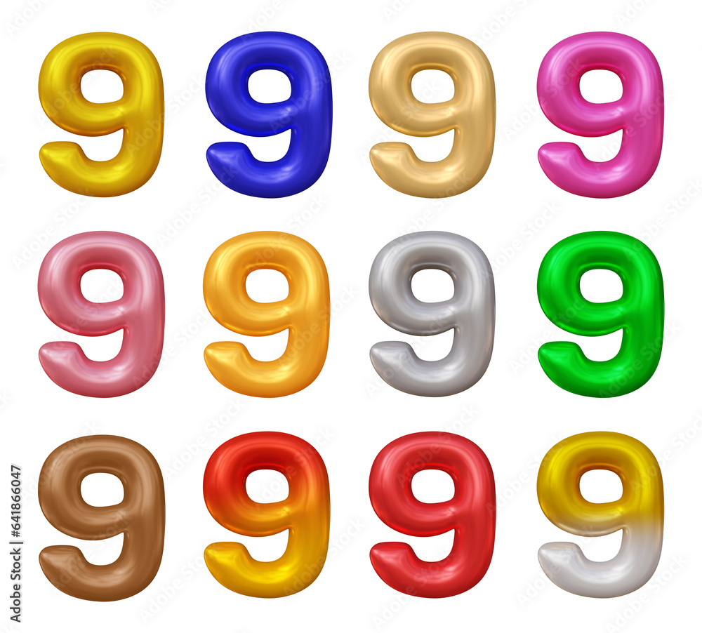 Poster set of number 9 in 3d rendering isolated on transparent background for math, business and education 