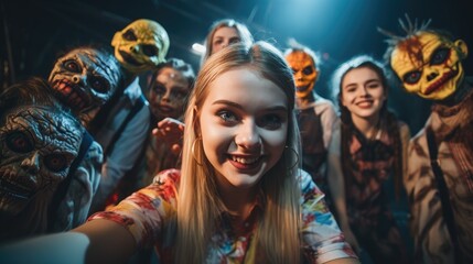 Fototapeta premium Group of smiling teenagers with Halloween costume in a happy Halloween party. Generative AI