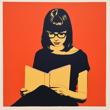 Girl Reading Book with Glasses Bold Silhouette in Pastel Shadows