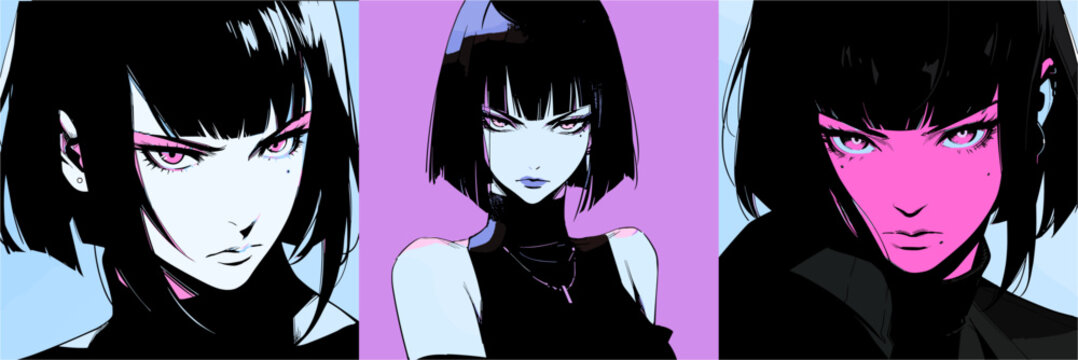 Pop art comic frame with dark-haired anime woman.
