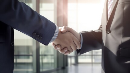 Handshake of two men in business suits, close, against the background of a glass office