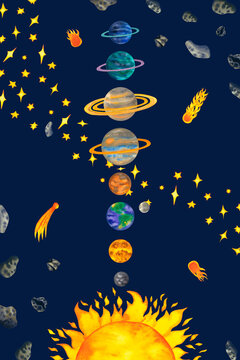 Watercolor cosmos poster with planets of the solar system mercury, venus, earth, mars, jupiter, saturn, uranus, neptune and luna with stars, comets and asteroids. Cosmos astronomy illustration. Hand