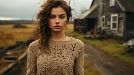 fashion photography - a girl in a knit jumper in the cold autumnal countryside