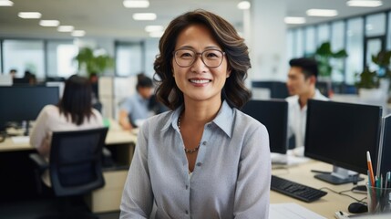 mature asian woman professional in casual dress in an accounting office