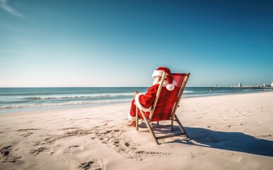 Portrait of santa claus sitting in armchair on beach