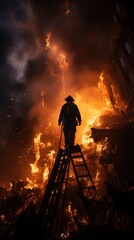 A cinematic view of a firefighter ascending a ladder to rescue a person trapped on a burning balcony. The firefighter's silhouette against the backdrop of the fire adds to the heroic atmosphere.