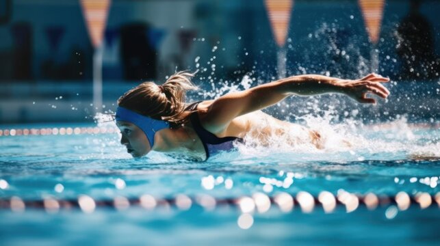 A swimmer competing in a relay race dives in the pool.