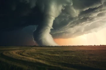 Fotobehang a large tornado swirling across the grassy plains © artem