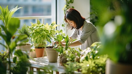 A person tends to potted plants on a balcony, nurturing green life in an urban environment - Powered by Adobe