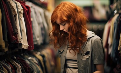Fototapeta na wymiar Beautiful redhead girl choosing clothes in a clothing store. Shopping concept.