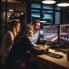 two professional women and one professional man with analyzing a graph on a monitor in a technology office with wooden furniture night and natural light