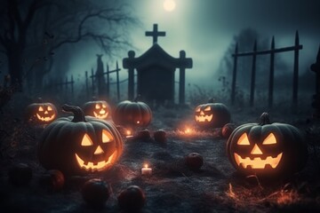 Pumpkins in the cemetery. Halloween concept. Background with selective focus and copy space
