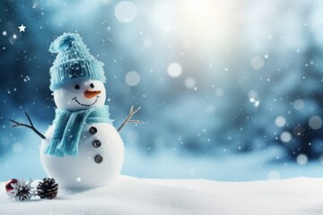 Snowman as a symbol of Christmas and New Year holidays. Background with copy space. Place for advertising