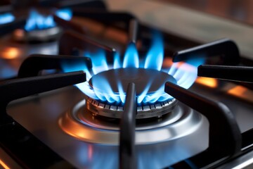 Blue Flame on Stove Burner. Cooking Appliance in Domestic Kitchen