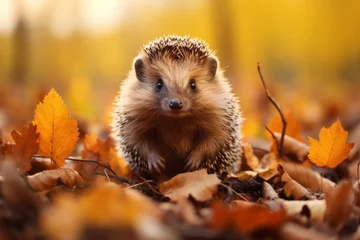  Hedgehog on the back of autumn nature. Background with selective focus and copy space © top images