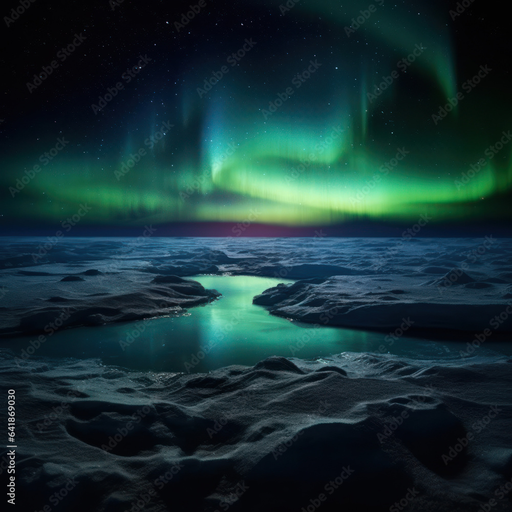 Wall mural  the aurora is dancing over a tundra frozen with ice
