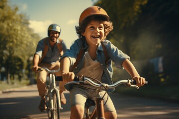Joyful father and son happily cycling together in the park, capturing the importance of happy childhood and harmonious relationships.  'generative AI'