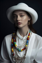 Radiant Beauty: A Stunning Woman Shines in a Straw Hat and Layers of Mesmerizing Necklaces, ai generative