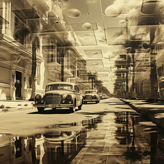Obraz premium Sepia photo of buildings and cars in a city 