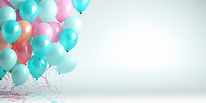 Floating colorful balloons on light background. Holiday concept . Free Space