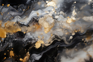 Fototapeta na wymiar Abstract wavy background. white and gold acrylic paint on a black background. Imitation marble.
