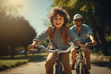 Joyful father and son happily cycling together in the park, capturing the importance of happy childhood and harmonious relationships. 'generative AI'