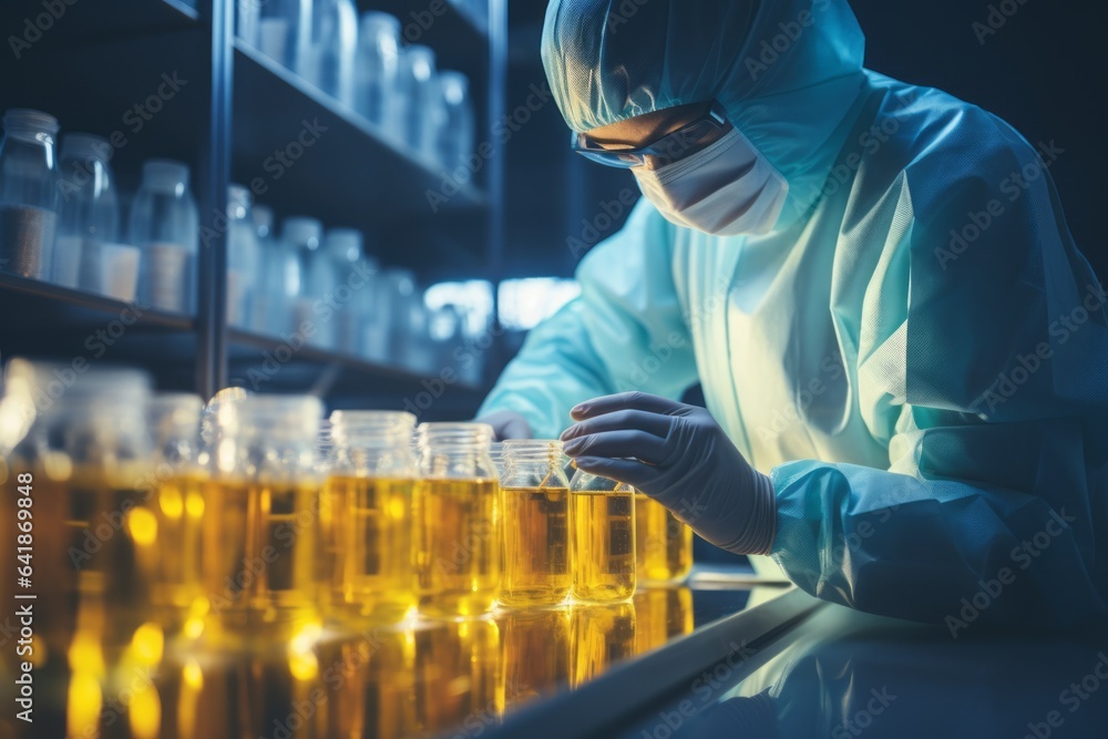 Aufkleber a lab worker conducts experiments. background with selective focus and copy space