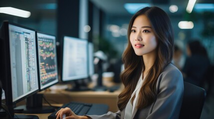 asian woman professional in casual dress in an accounting office