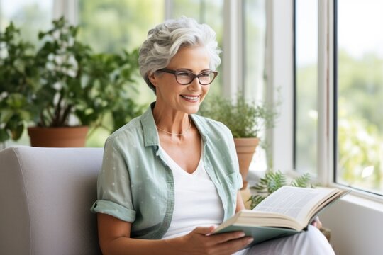 Adult woman is reading a book at home.