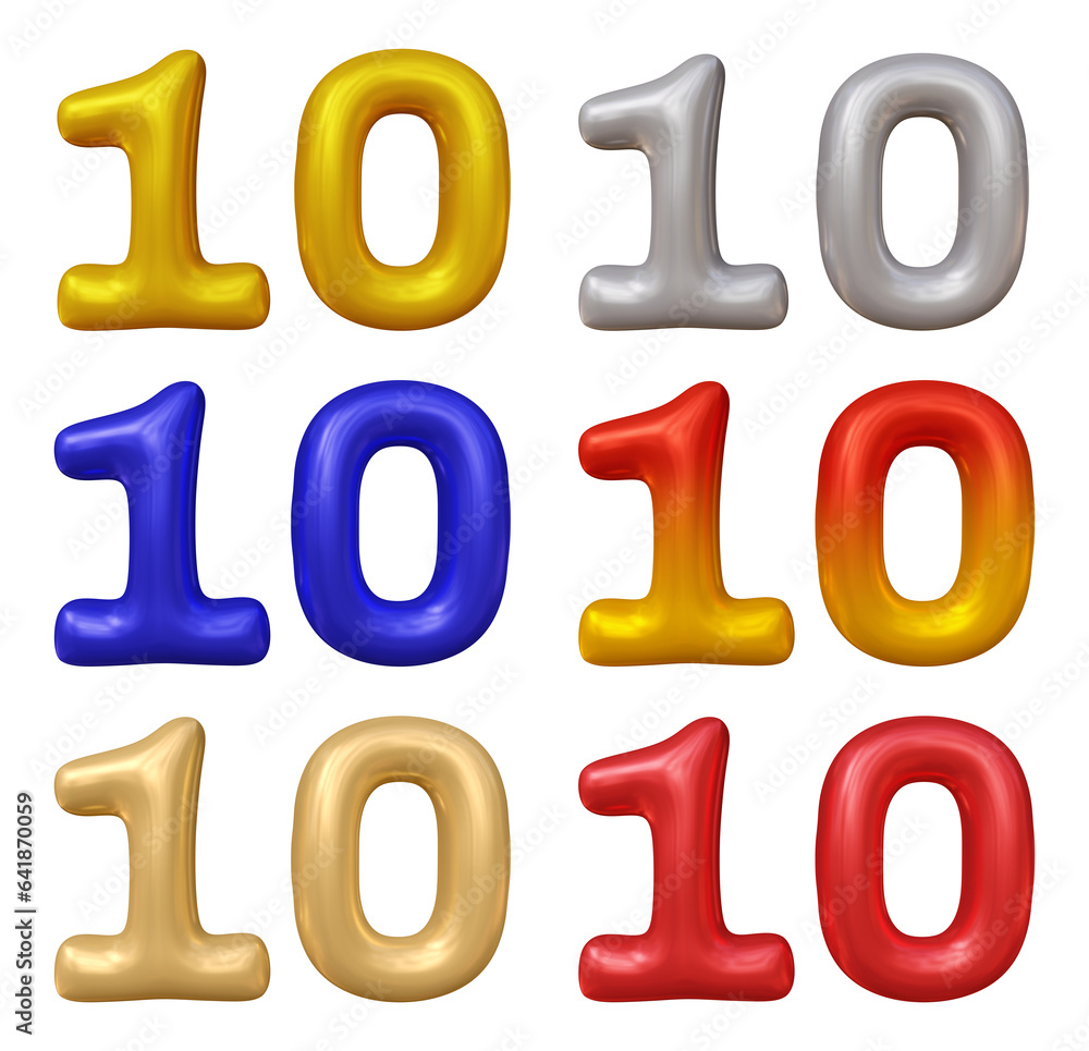Poster set of number 10 in 3d rendering isolated on transparent background for math, business and education
