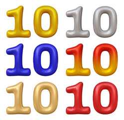 Set of number 10 in 3d rendering isolated on transparent background for math, business and education concept