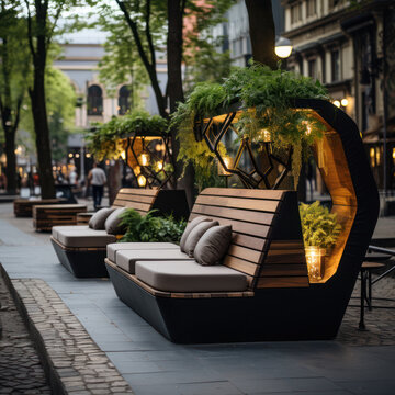 Parklet made of stone and wood simple shapes. Stone 

