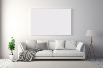 Scandinavian living room interior with blank frame mock up on wall with minimalist furniture couch blanket white