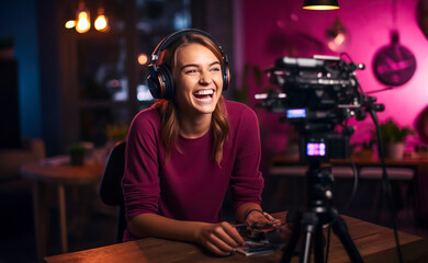 Beautiful smiling Woman blogger making a video for her blog on cosmetics using a phone with tripod. smartphone standing on table on tripod stabilizer, recording female blogger. digital ai	