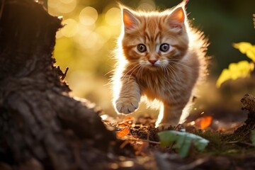 Naklejka na ściany i meble Playful kitten frolics among the fallen leaves. Its vibrant orange fur stands out against the surrounding natural elements, adding a whimsical touch to the scene. Generative AI