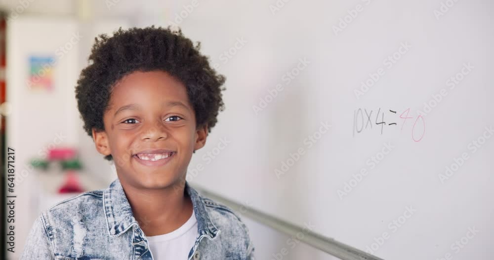 Poster math class, portrait of child at board for education, learning and problem solving for skill develop