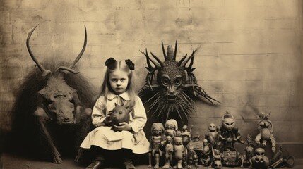 children kids halloween scary vintage photography masks 19th century horror costumes party - obrazy, fototapety, plakaty