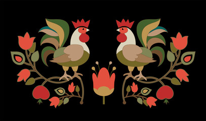 Two roosters, symmetrical ornament. Decorative roosters sitting on branches with leaves, fruits and flowers. Illustration for embroidery, stickers, stained glass, print, poster, applique - 641871221