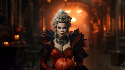 Queen of Halloween. Halloween witch. Beautiful young woman in black lingerie and witch hat at Halloween party.